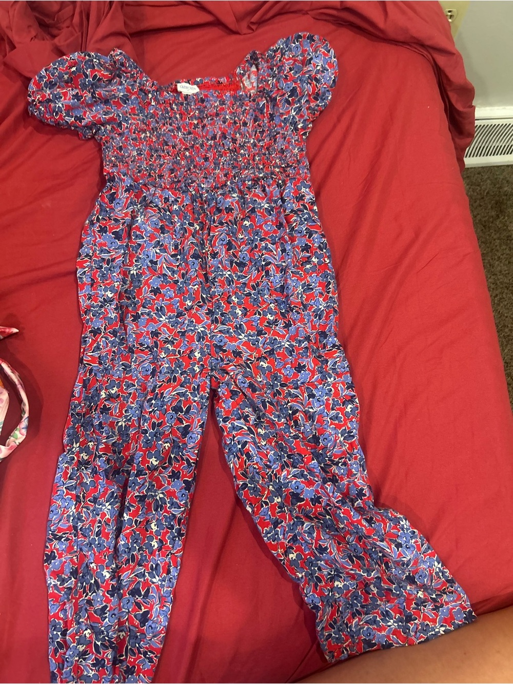 Crewcuts Red & Blue Floral Smocked Jumpsuit